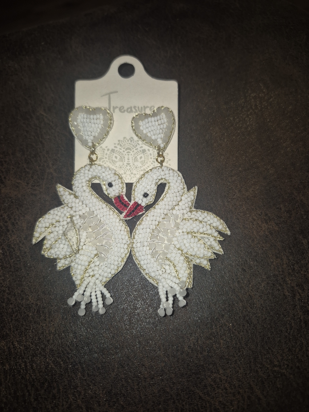 Gold-Trim White Swan Beaded Drop Earrings with Heart Studs